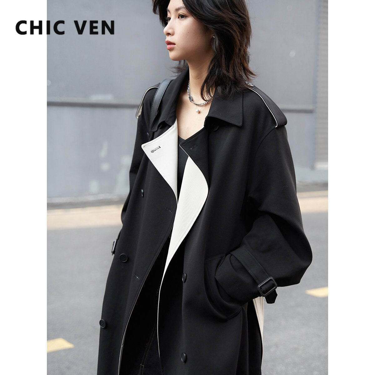 CHIC VEN Double-Breasted Trench Coat with Contrast Collar