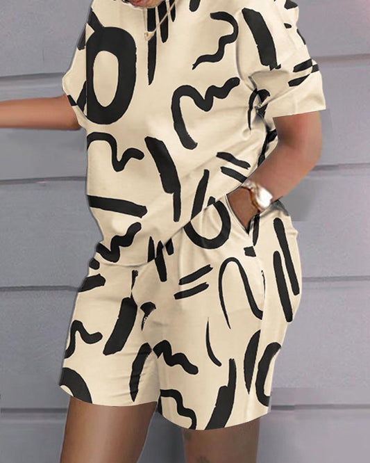 Women's Casual Short Sleeve Summer Fashion Printed Pocket Suit Two Piece Set