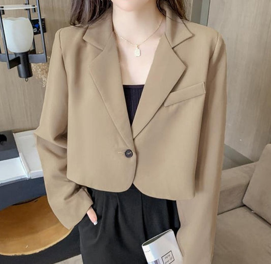 Cropped Casual Blazer Women's Solid Color  Single-button Long Sleeve