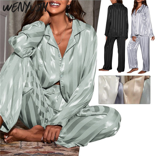 Nightwear Grid Stripe Luxury Ice Silk Pajamas Set Long Sleeve Soft Sleepwear Winter Home Wear