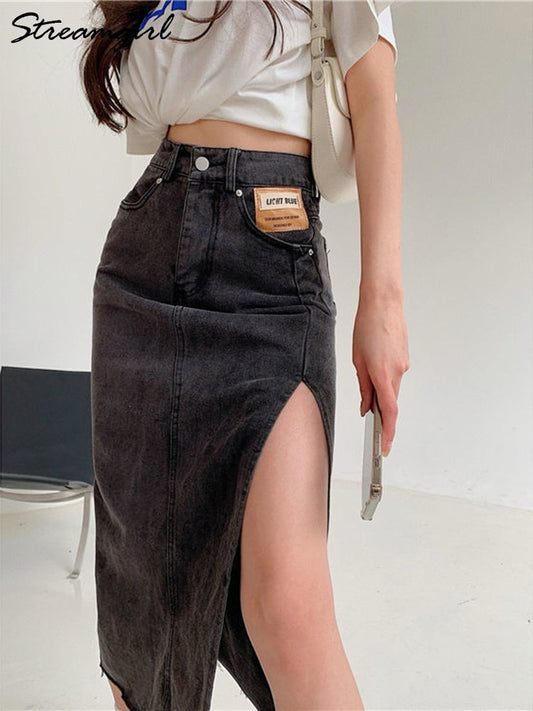 Midi Jeans Skirt Women's Denim Skirts Vintage Midi Skirt Side Split Women Long